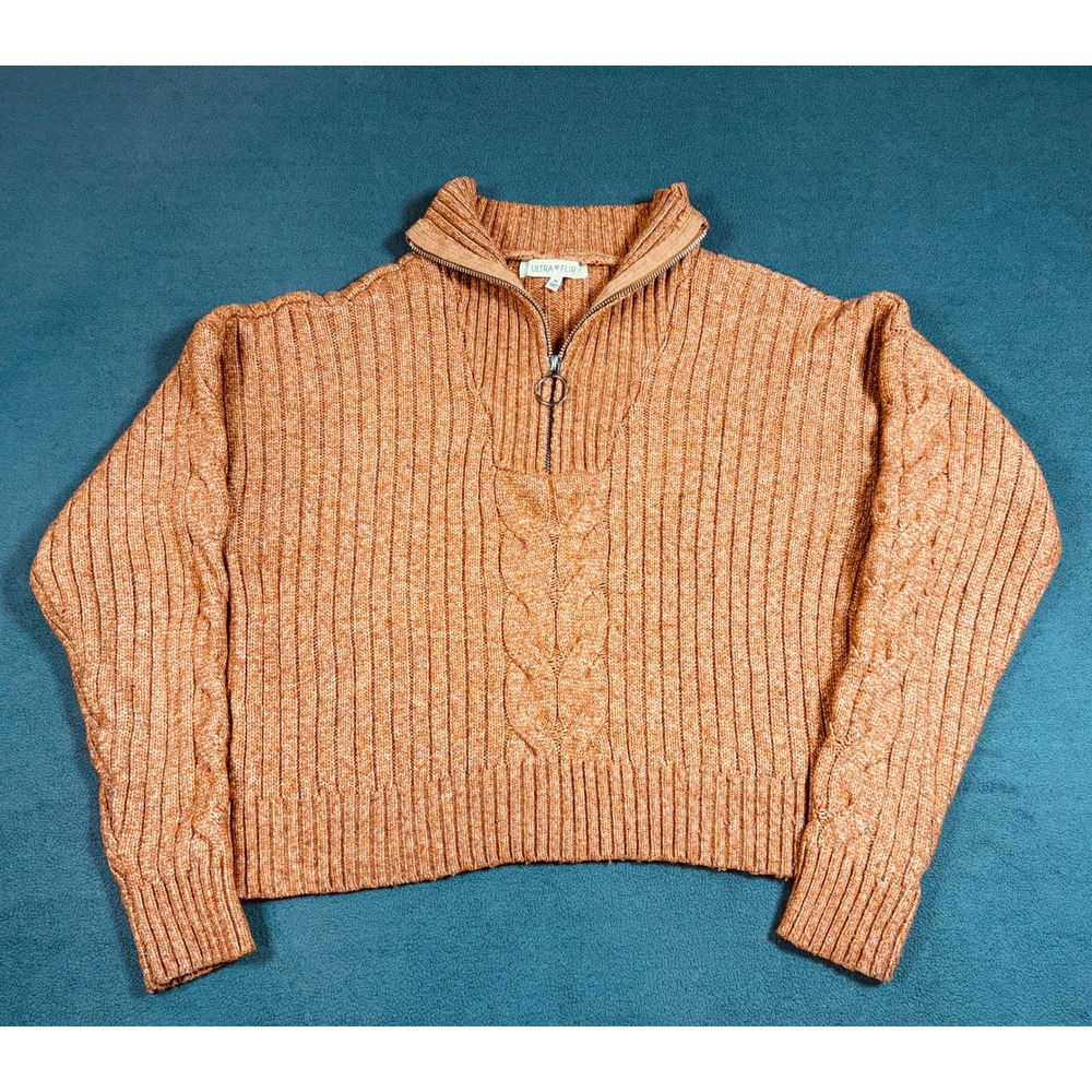 Ultra Flirt Sweater Womens Medium Orange Quarter Zip Cable Knit RS626283
